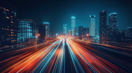 Obraz premium Smart City Technology, A modern cityscape featuring geometric designs, dynamic light trails, and advanced data connectivity to illustrate smart city development