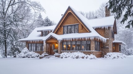 Rustic wooden cabin nestled amidst snow-dusted trees in a serene winter landscape
