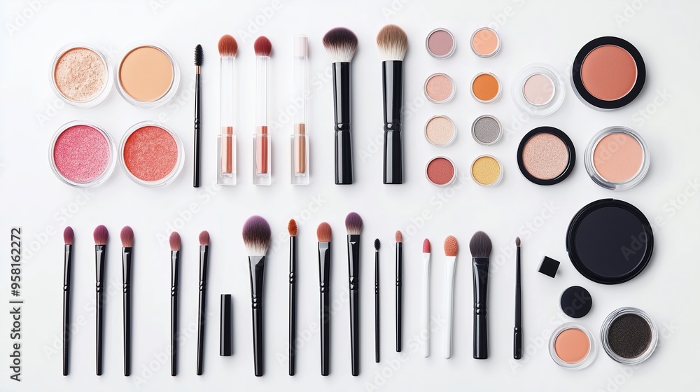 Poster an array of makeup products and brushes displayed neatly on a table in a well-lit beauty setup