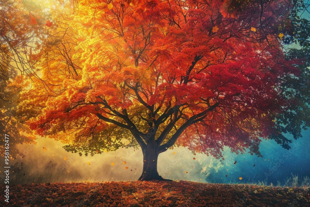 Poster sunlight shining through the branches of a maple tree losing its red and yellow leaves in a colorful