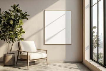 Poster Frame in Beige minimalist living room interior created with generative AI
