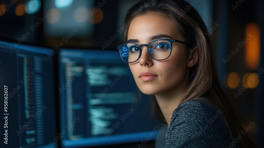 Poster woman programmer, a woman in glasses works on coding and data analytics, researching cybersecurity o