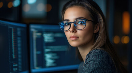 Woman Programmer,  A woman in glasses works on coding and data analytics, researching cybersecurity on her computer with holographic overlays for IT and GDPR