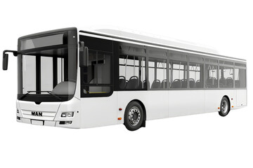 A modern city bus isolated on a white background, highlighting its large windows and passenger capacity.