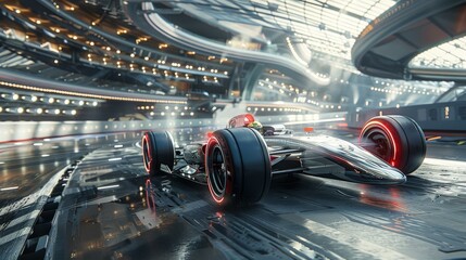 Futuristic Race Car on Track with Red Lights
