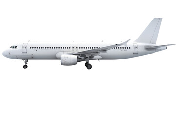A modern passenger airplane isolated on a white background, highlighting its large size and passenger capacity.