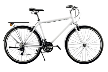 Obraz premium A modern hybrid bicycle isolated on a white background, blending features of road and mountain bikes for versatile use.