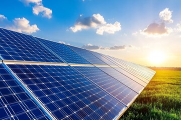A field of solar panels angled towards the bright sun, capturing clean energy on a sunny day with blue skies