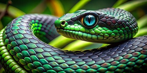 Obraz premium Slithering softly through shadows, I listen to ancient secrets whispered on emerald winds, my eyes burning with a knowing gaze, guardians of hidden truths.