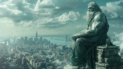 Fototapeta premium Stone Statue Overlooking Cityscape - Dramatic Clouds