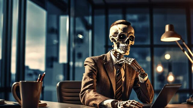 Skeleton in Business Suit at Office Desk Office