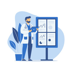 Flat Design Illustration of Male Doctor Analyzing Data with Infographic on Screen