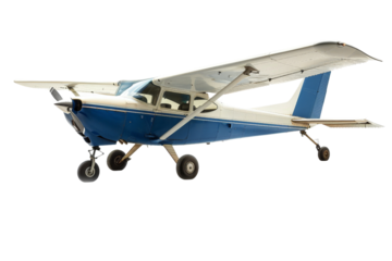 A small Cessna airplane isolated on a white background, showcasing its light frame and utility for general aviation.