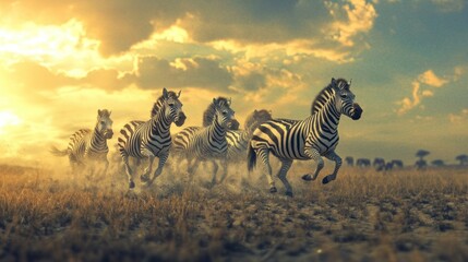 Obraz premium A Herd of Zebras Running Through the Savanna at Sunset