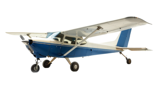 A small Cessna airplane isolated on a white background, showcasing its light frame and utility for general aviation.