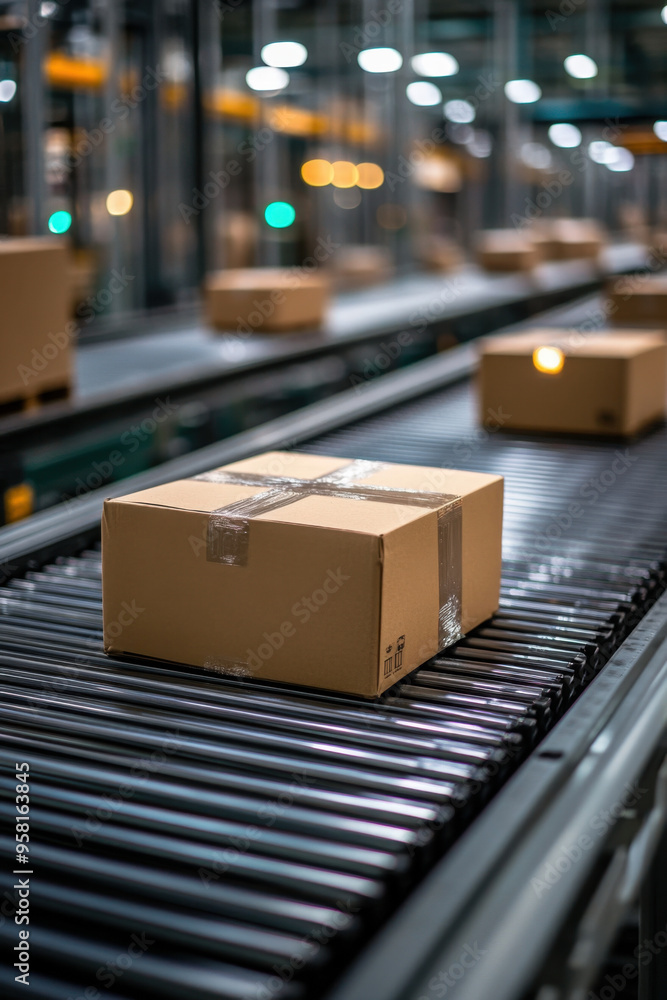 Poster automated conveyor, conveyor belts move packages efficiently in a high-tech warehouse, highlighting 