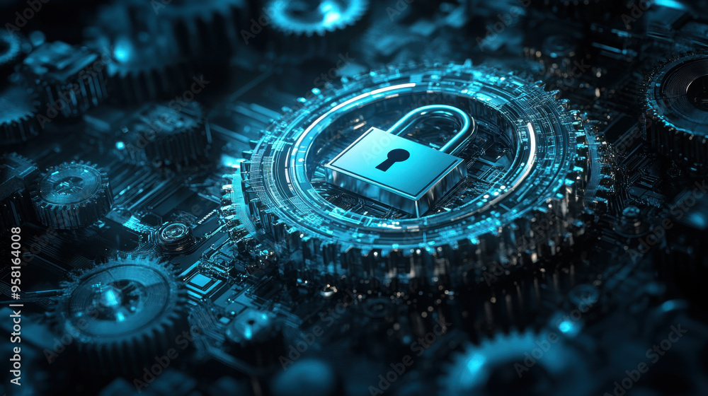 Poster website security, digital gears combined with a padlock symbol, showcasing the importance of optimiz