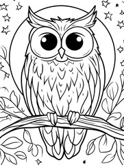 Coloring Book Page Featuring an Owl Sitting on a Tree Branch with Simple, Engaging Design Elements for Kids New Beautiful Stock Image Illustration AI