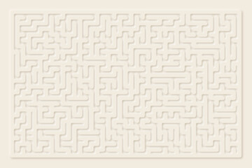A decorative and strategic beige maze in neomorphic design, laid out on a square vector background, presenting a puzzle that encourages creative thinking and problem-solving