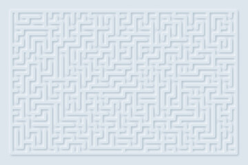 An abstract neomorphic style maze, meticulously designed with a complex network of paths on a white background, highlighting the concepts of challenge, strategy, and artistic decoration