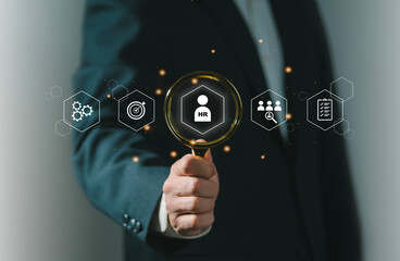 Businessman filling out employee evaluation form online Human resource management (HR), human resource management concepts, HR, recruiting, leadership and team building