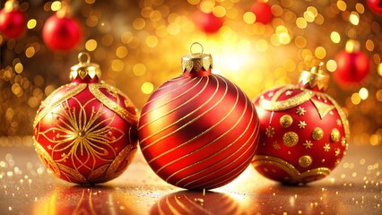 Christmas ornaments in festive mood on golden bokeh background with copy space