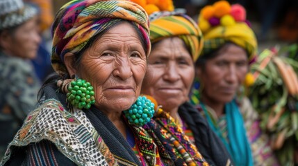 Fototapeta premium In a lively village market, women adorned in traditional clothing and bright headdresses gather, displaying their cultural heritage