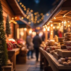 Naklejka premium Abstract blur image of a cozy Christmas market stall adorned with warm lights and holiday decorations with bokeh for background usage