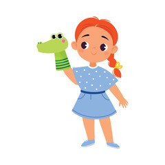 Girl Character Play Toy Crocodile Doll Wear on Hand Vector Illustration