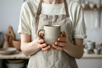 Hands of craftsperson holding ceramic mug