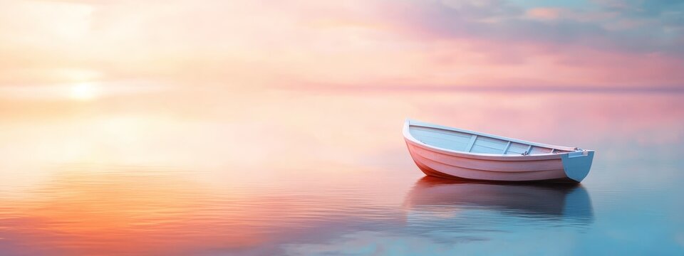  A red-and-white boat floats on a body of water, surrounded by a cloudy sky The sun distances itself in the background