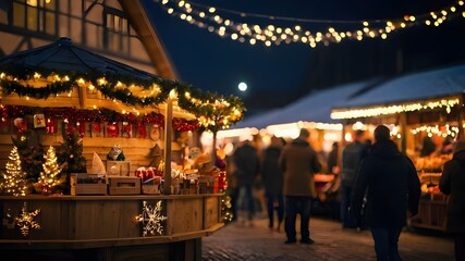 Abstract blur image of a cozy Christmas market stall adorned with warm lights and holiday decorations with bokeh for background usage