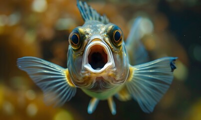 A fish with wide open mouth and big eyes, Surprised, shocked or amazed face front view. 