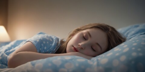 Serene young girl sleeping in bed with eyes closed, head on pill