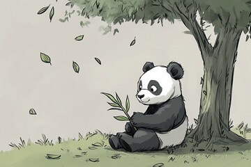 Colorful drawing of a panda with a bamboo branch under an autumn tree new beautiful stock image illustration AI