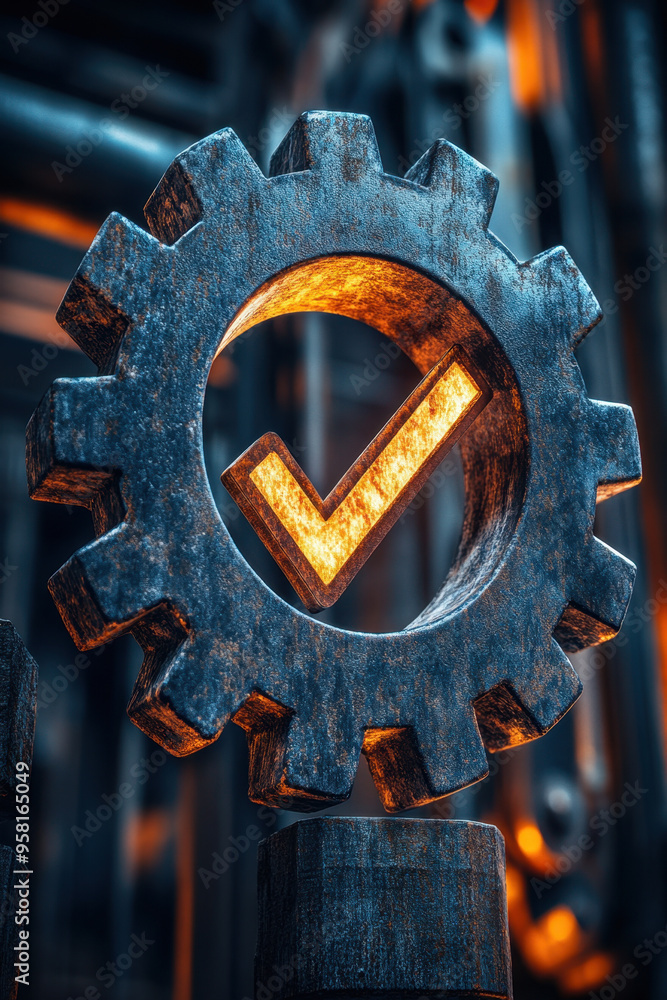 Poster optimization process, gears and checkmark representing improved efficiency and quality control in pr