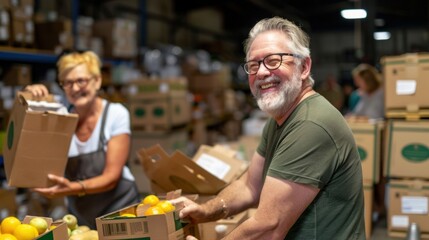 A group of dedicated volunteers sorts fresh fruits and vegetables at a community food bank. The atmosphere is lively as they work together on a warm summer afternoon