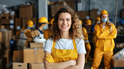 The young woman, dressed in a yellow apron, exudes confidence as she stands in a bustling warehouse filled with boxes and her teammates, all working diligently in their bright uniforms