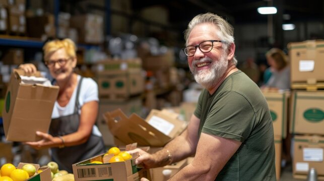 A group of dedicated volunteers sorts fresh fruits and vegetables at a community food bank. The atmosphere is lively as they work together on a warm summer afternoon