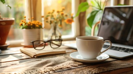 A warm cup of tea rests on a saucer beside a laptop and an open notebook. Sunlight streams through the window, illuminating vibrant flowers on the sill, creating a tranquil morning atmosphere