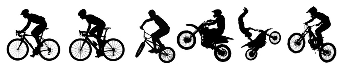 silhouette 2d graphic of people riding motorcycle and bicycle png cut out element set
