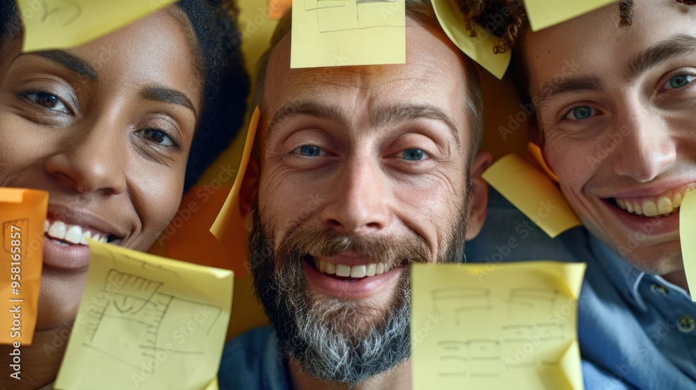 Aufkleber three people are enjoying a brainstorming session, smiling broadly while colorful sticky notes are p