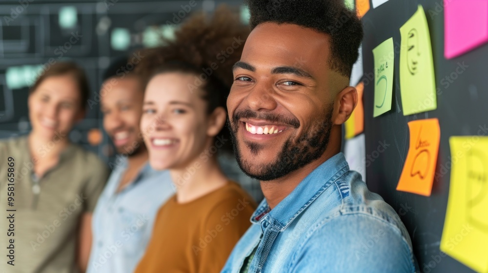 Aufkleber a diverse group of four individuals stands together in a vibrant workspace, smiling and engaging wit