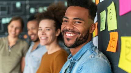 A diverse group of four individuals stands together in a vibrant workspace, smiling and engaging with each other. Colorful sticky notes add a playful touch to the background