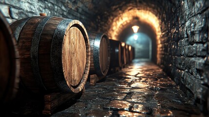 A dimly lit cellar with wooden barrels lining the stone floor, creating an atmospheric and rustic ambiance.