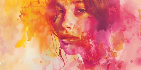 Fototapeta premium Abstract background with a girl's face and pink and yellow watercolor splashes, bright tones, artistic feel, soft gradients.