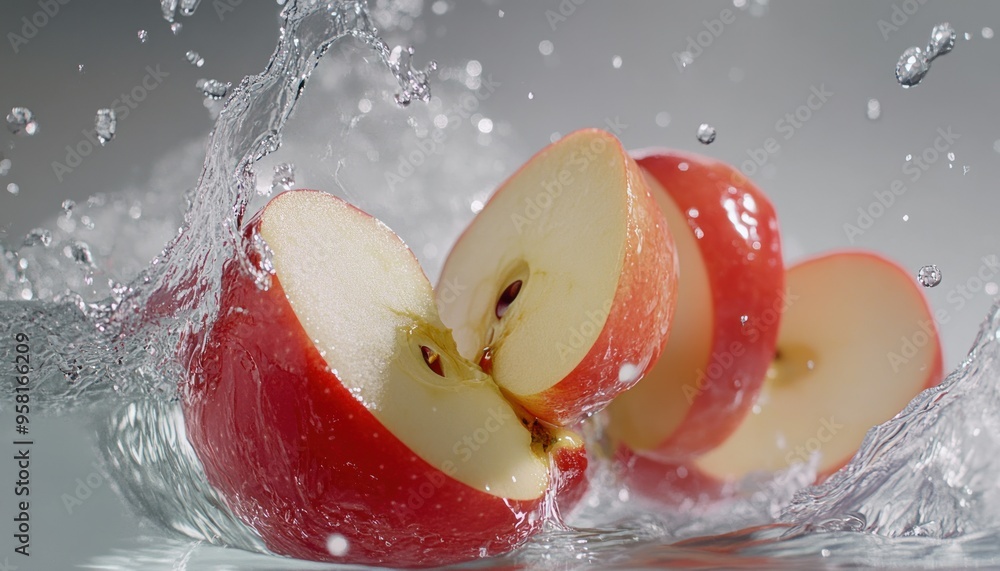 Poster red apple slices splashing in water