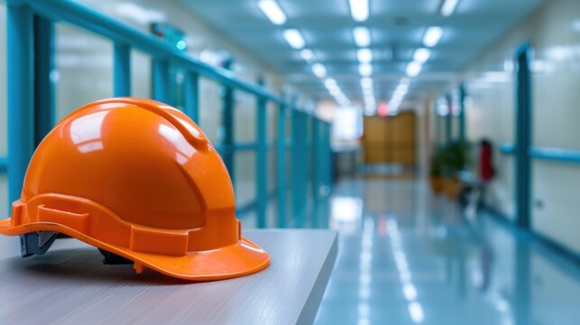 An orange construction helmet is placed on a table, while an empty hospital corridor stretches ahead, illuminated by soft overhead lights, creating a serene atmosphere