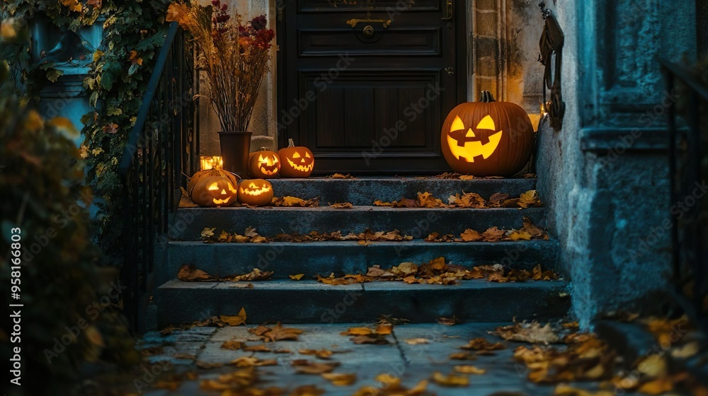 Wall mural halloween scene in front of the front door, autumn scene in the city