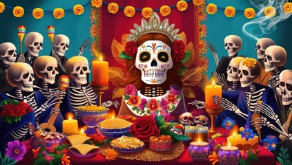 Vibrant day of the dead celebration with colorful skeletons and marigold decorations
